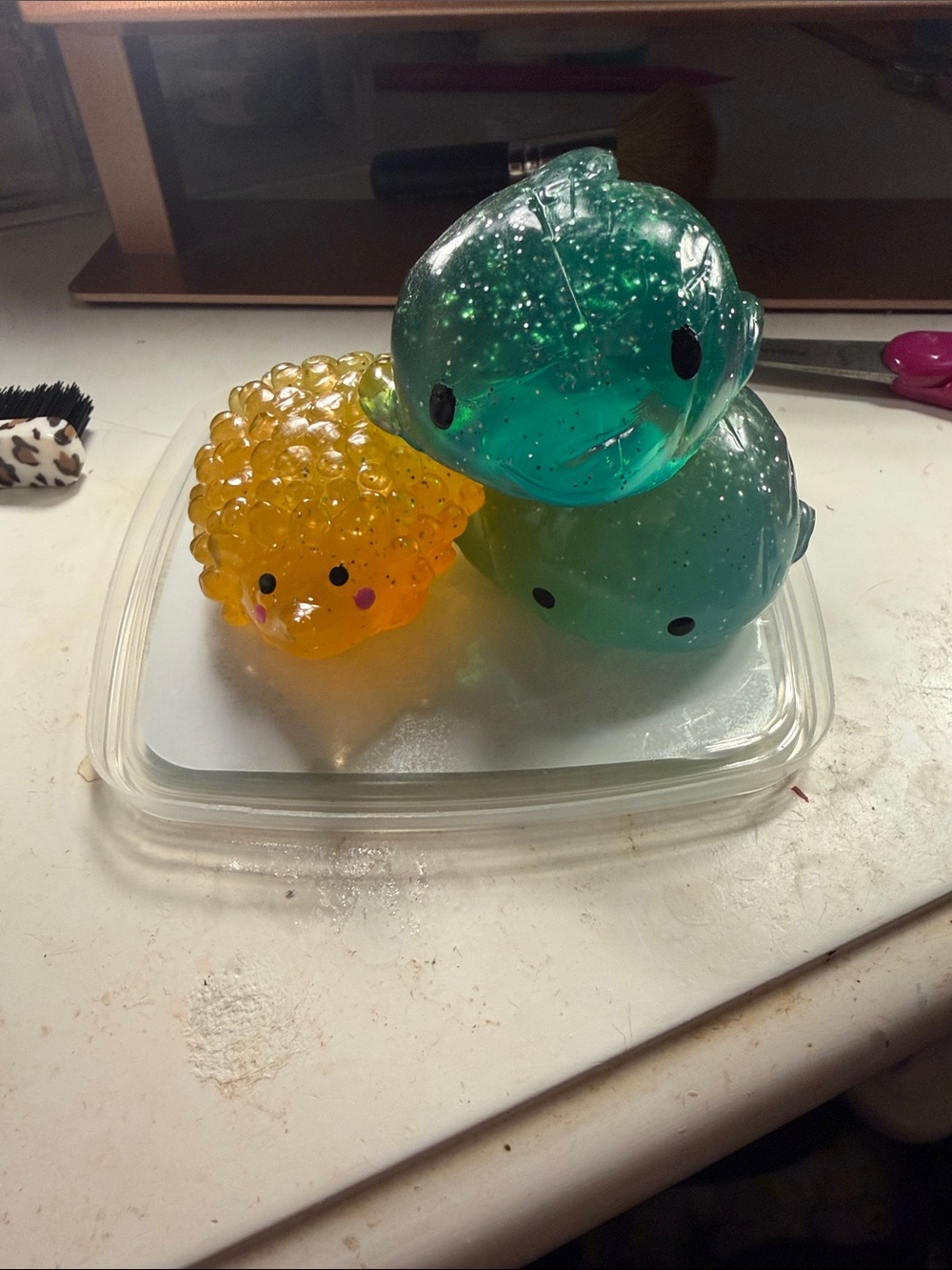 Squishy Jelly Plush Trio - Yellow Orange & Teal Green Glitter